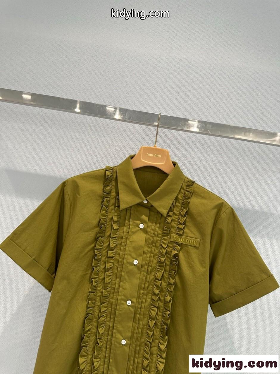 ロゴ入り コットン 半袖シャツ ミュウミュウ シャツ コピー オリーブ-1