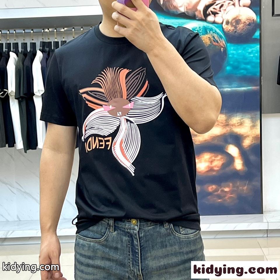 カジュアル プリント コットン 半袖Tシャツ フェンディ Tシャツ 偽物 ブラック-1