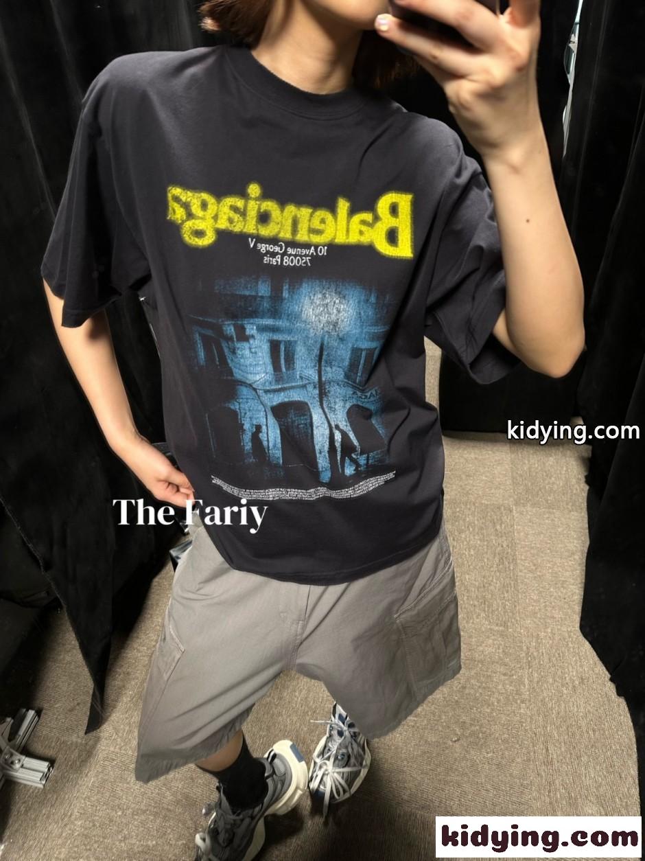 ユニセックス プリント クルーネック 半袖Tシャツ バレンシアガ Tシャツ 偽物-4