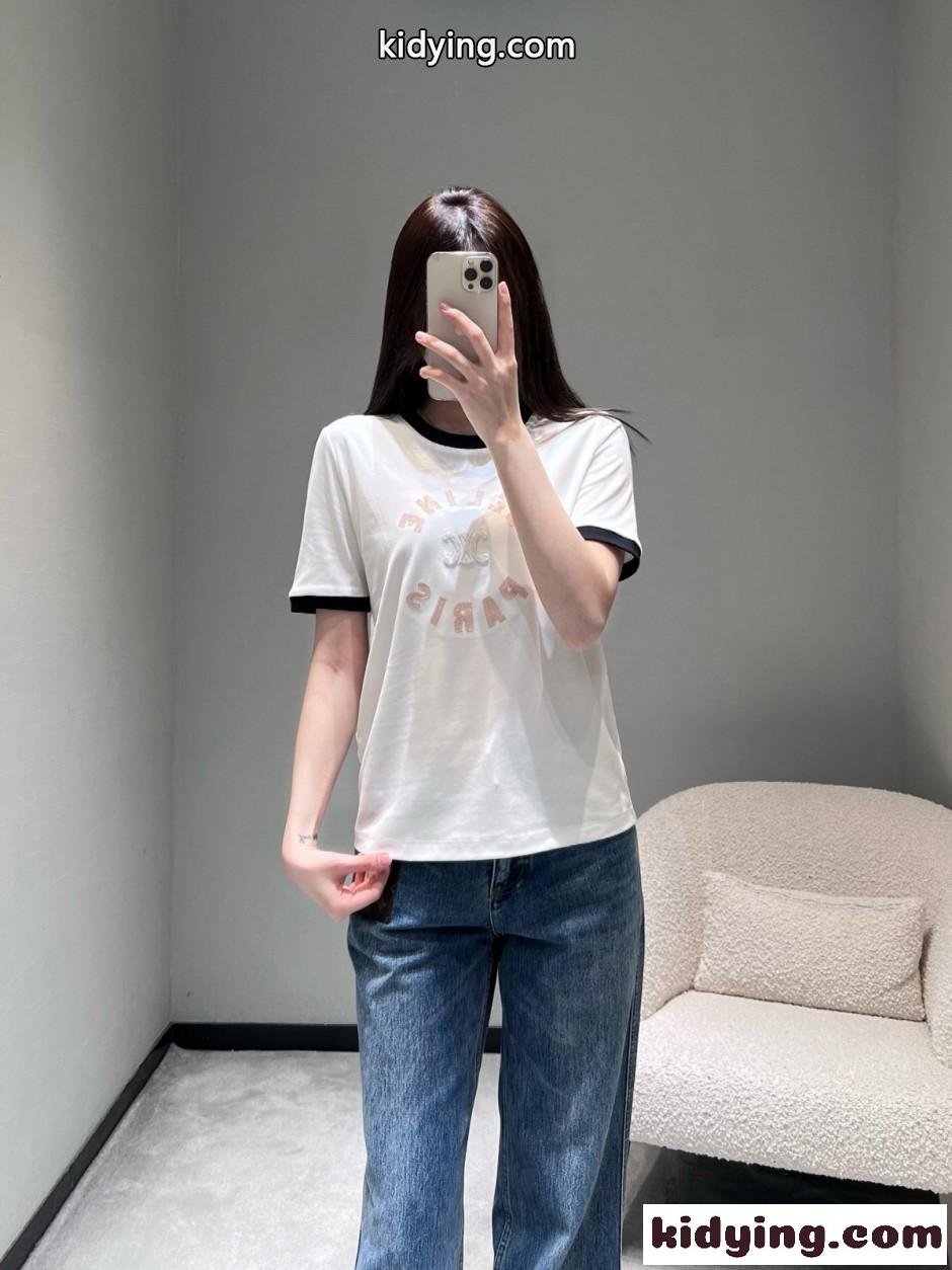 カジュアル おしゃれ コットン 半袖Tシャツ セリーヌ Tシャツ 偽物 ホワイト-4