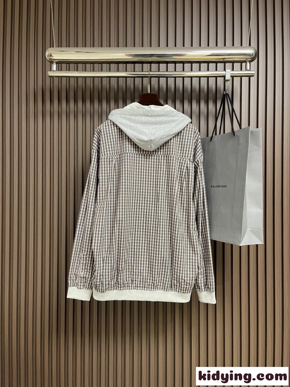 スタイリッシュ チェック柄 レイヤード風 フード付きシャツ バレンシアガ シャツ 偽物-1
