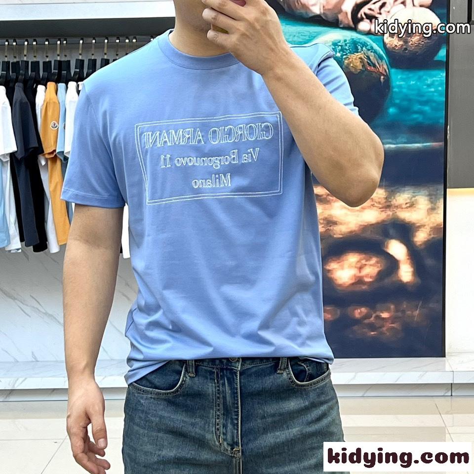 カジュアル ロゴ アルマーニ 半袖Tシャツ コピー クルーネック ブルー-2