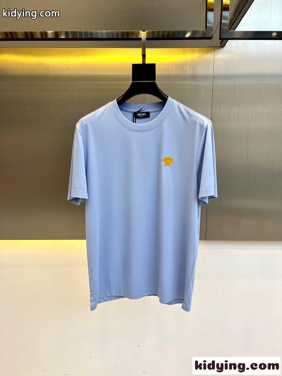 シンプル メドゥーサ刺繍 半袖Tシャツ ヴェルサーチェ Tシャツ コピー クルーネック ブルー-0
