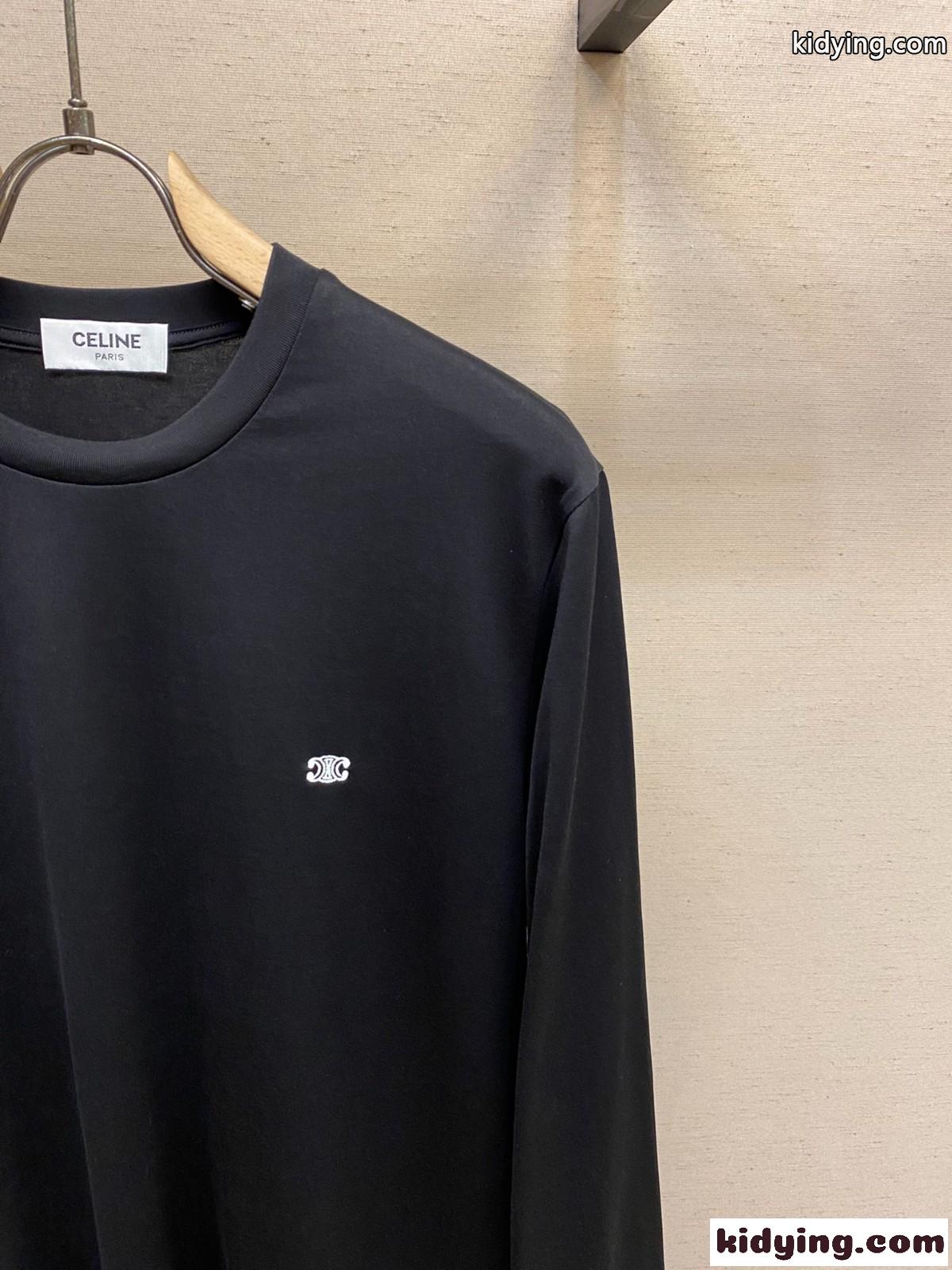 ベーシック ロゴ クルーネック コットン 長袖Tシャツ セリーヌ Tシャツ コピー ブラック-2