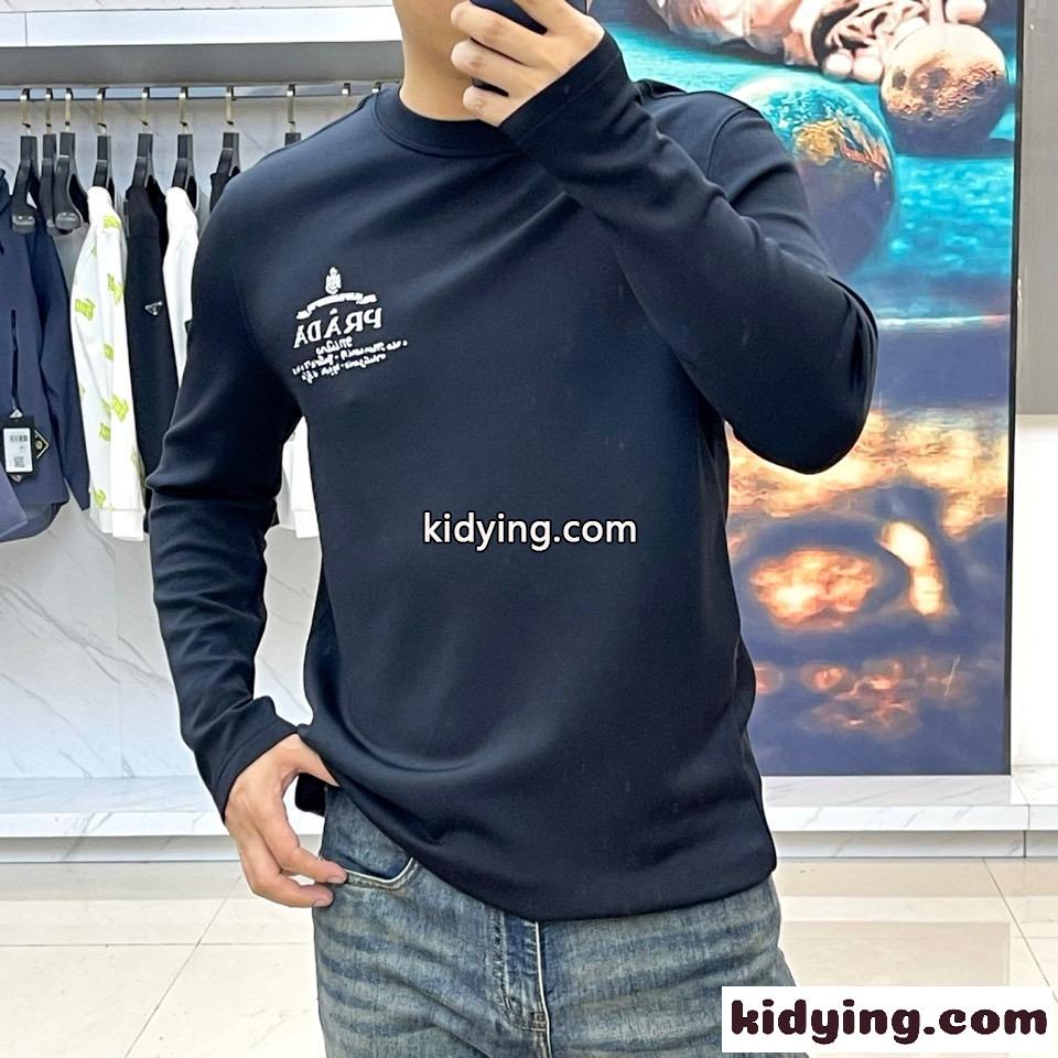 シンプル ロゴ クルーネック 長袖Tシャツ プラダ Tシャツ 偽物 ブラック-1