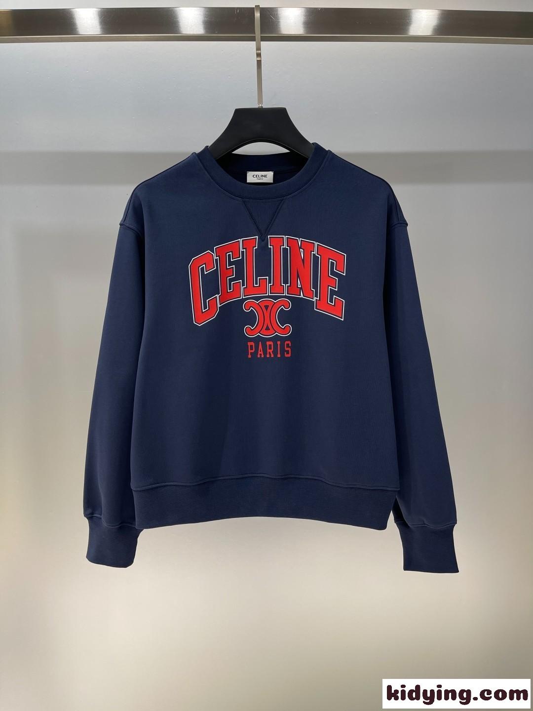 カジュアル ロゴ クルーネック コットン スウェットシャツ セリーヌ Tシャツ コピー ネイビー-1