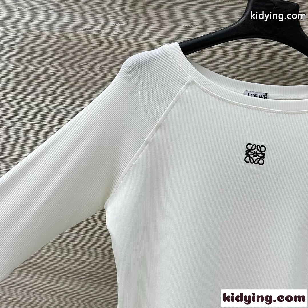 アナグラム刺繍 リブジャージー 長袖Tシャツ ロエベ Tシャツ コピー ホワイト-1