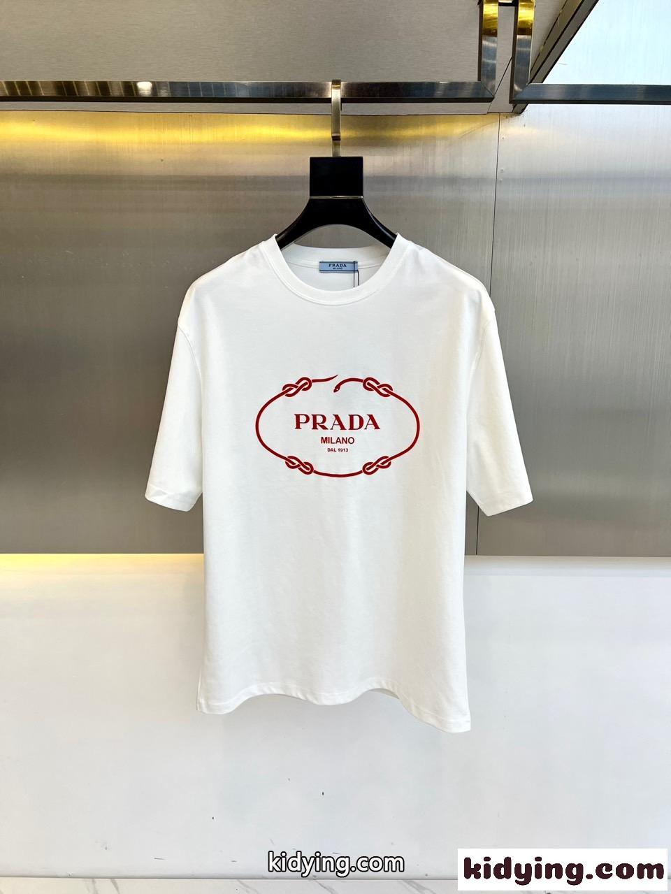 シンプル ロゴプリント 半袖Tシャツ プラダ Tシャツ コピー コットン ホワイト-0