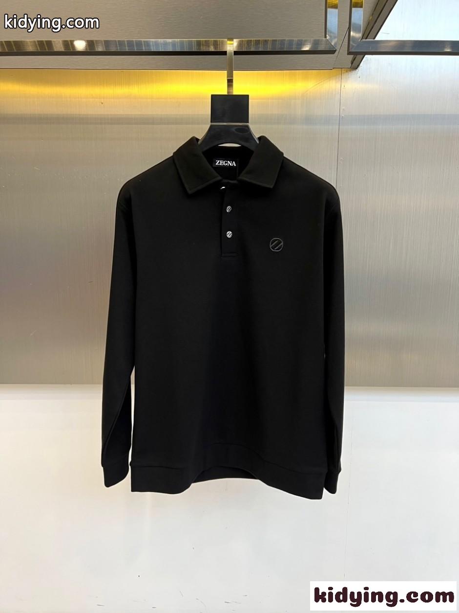 エルメネジルド・ゼニア Tシャツ 偽物 ロゴ 上品 シンプル 長袖 ポロシャツ ブラック-0