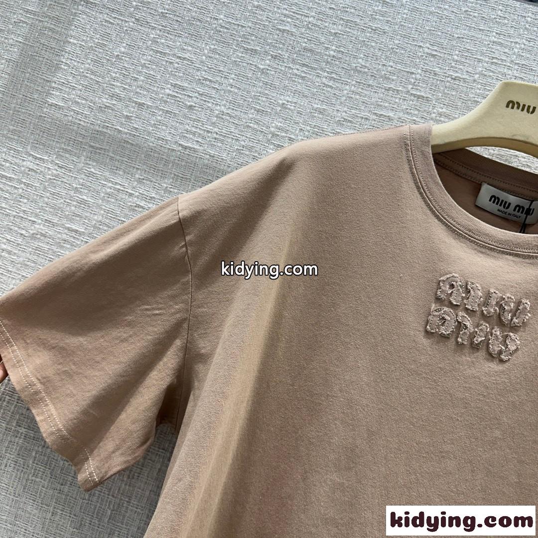 カジュアル ゆったり コットン 半袖Tシャツ ミュウミュウ Tシャツ コピー-2