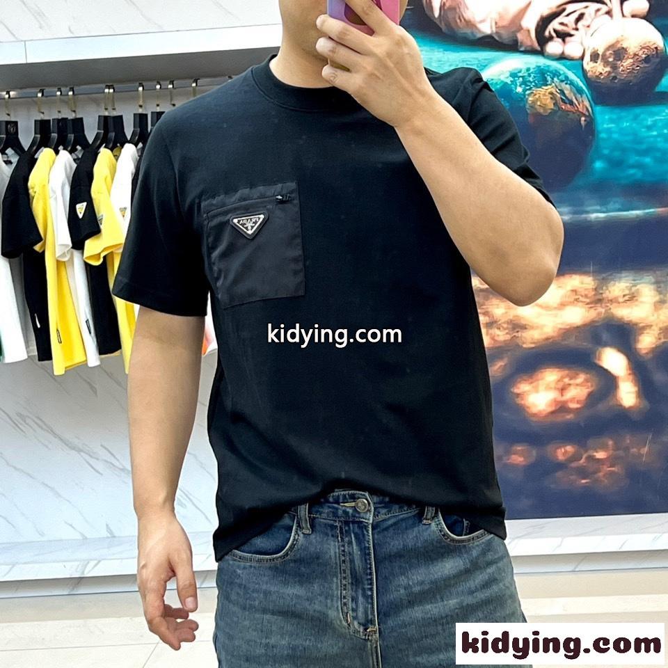 シンプル クルーネック コットン Tシャツ プラダ 半袖Tシャツ コピー ブラック-2
