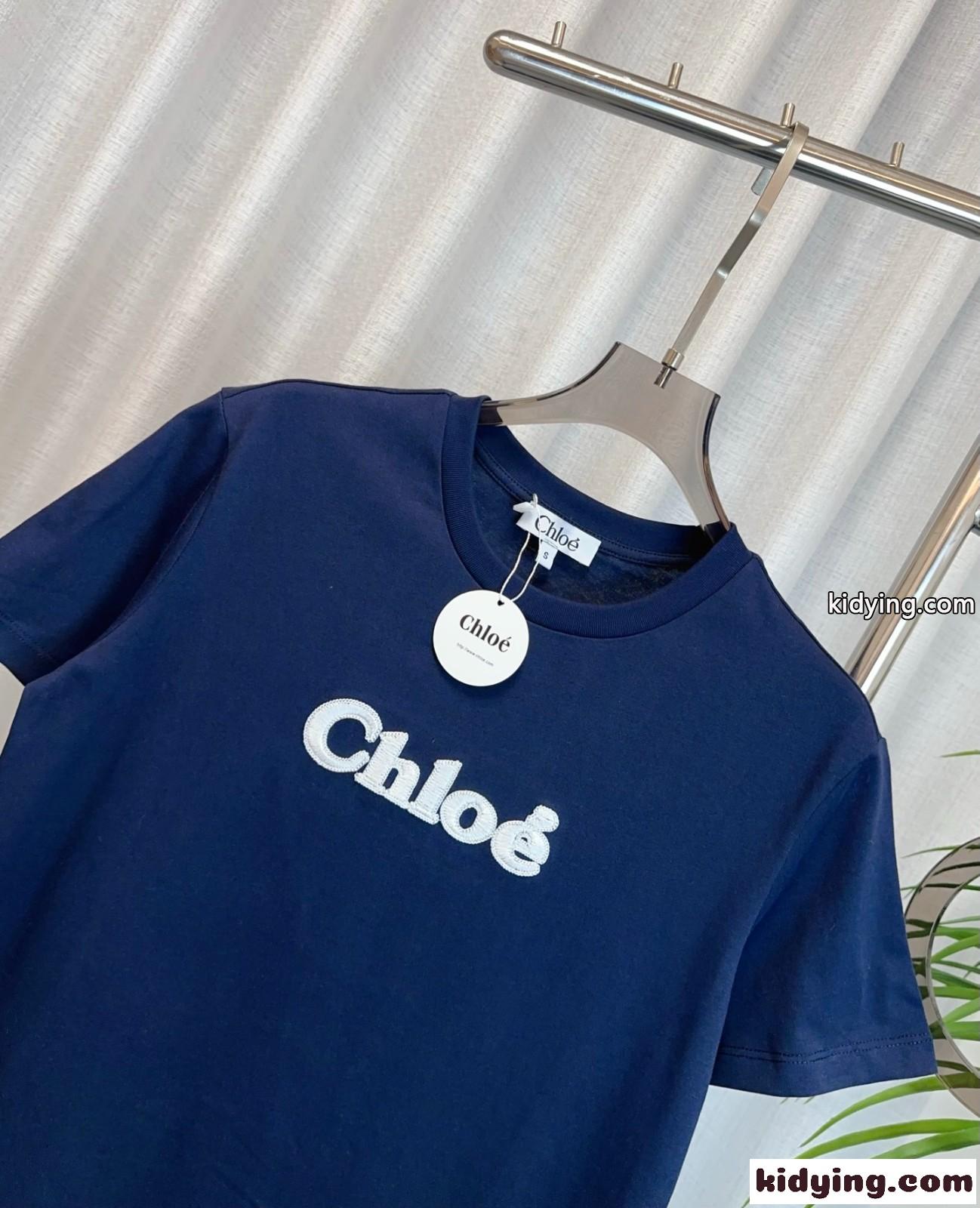 シンプル ロゴ入り 半袖Tシャツ クロエ Tシャツ スーパーコピー クルーネック ブルー-1