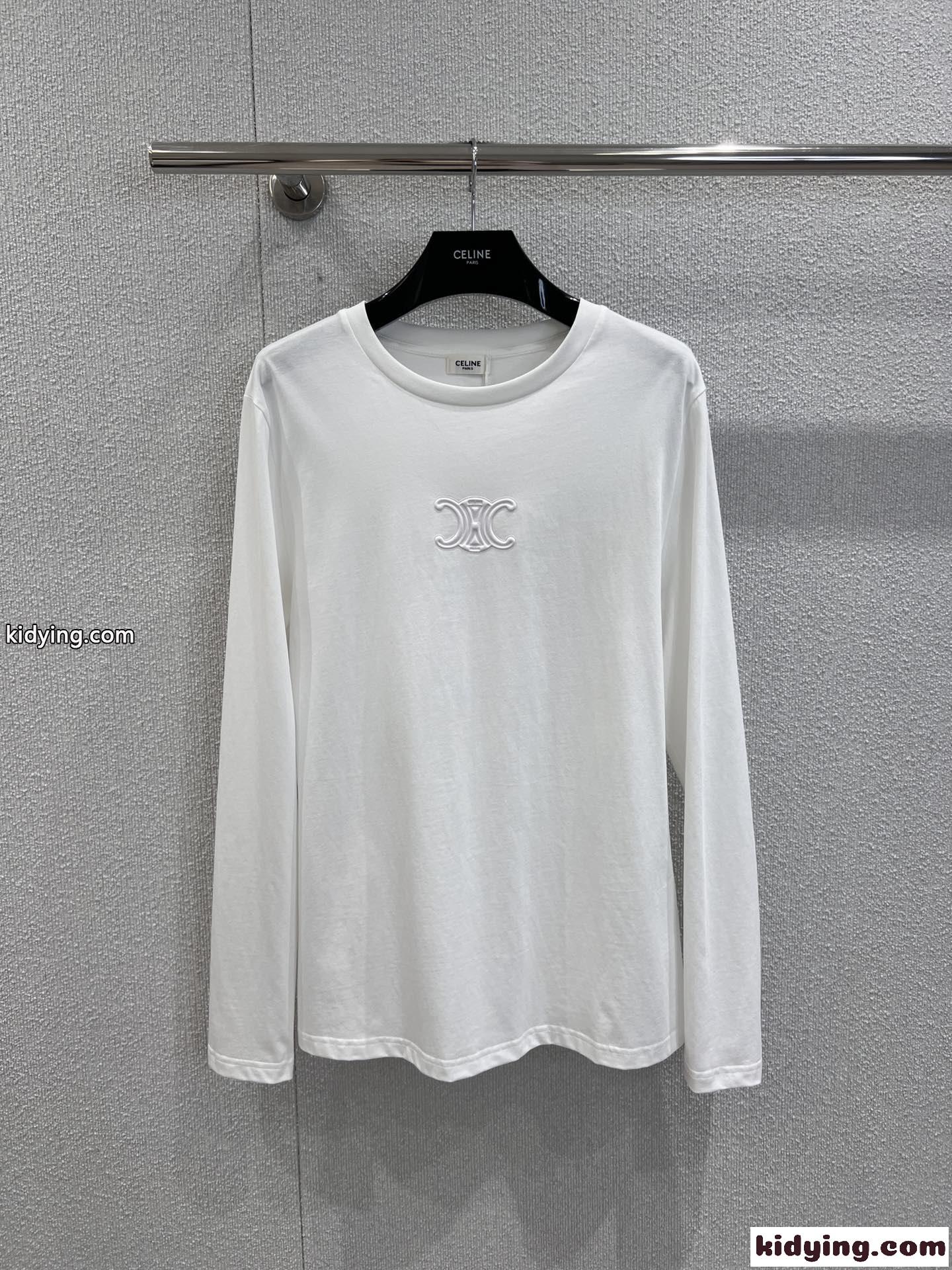 シンプル コットン 長袖Tシャツ セリーヌ Tシャツ コピー クルーネック ホワイト-0