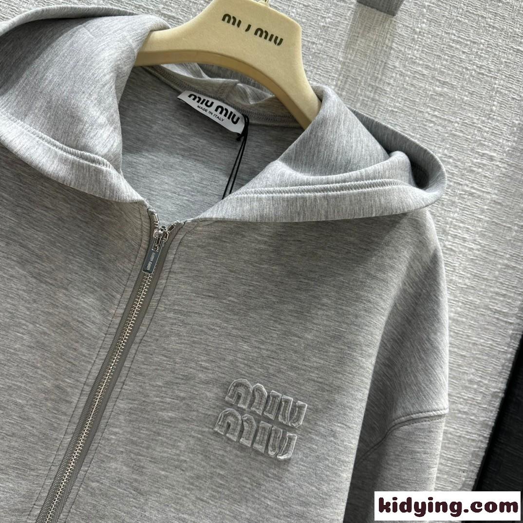 刺繍入り コットン フーディー ミュウミュウ パーカー コピー ユニセックス グレー-1