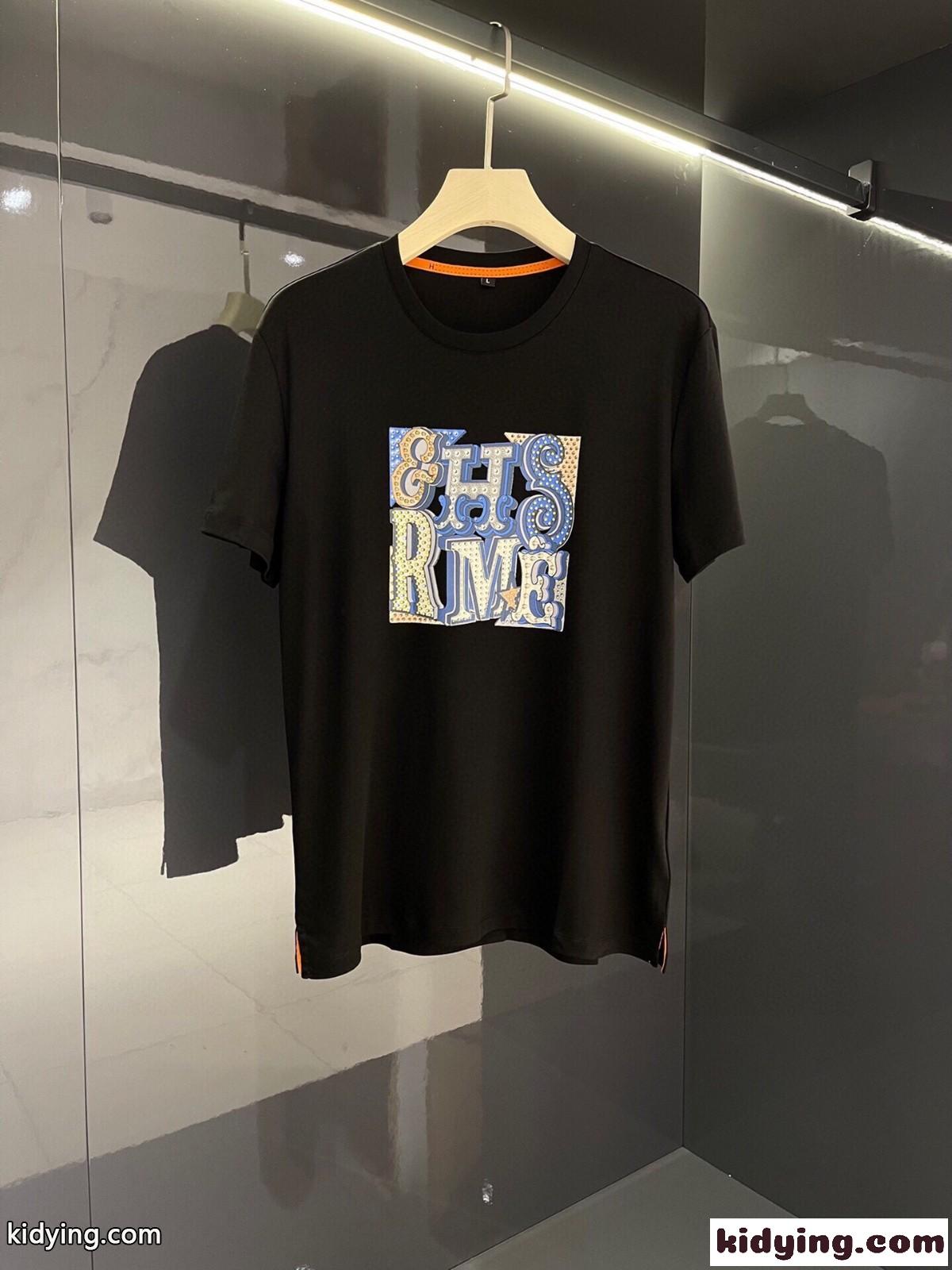 着心地いい シルケット コットン クルーネック ロゴ プリント エルメス 半袖tシャツ コピー 夏 トップス-0
