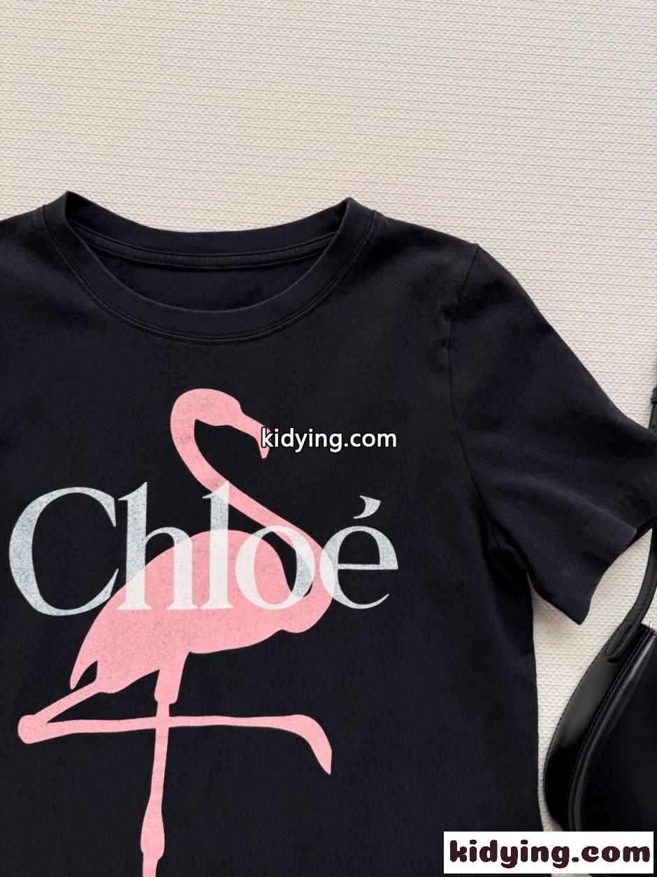 カジュアル ロゴプリント 半袖Tシャツ クロエ Tシャツ コピー クルーネック ブラック-2