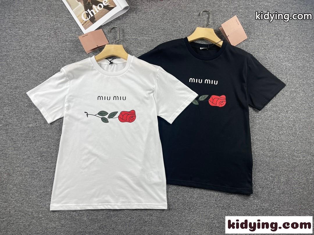 ベーシック おしゃれ プリント 着心地いい ミュウミュウ 半袖tシャツ コピー クルーネック 春夏 定番 ホワイト ブラック-0