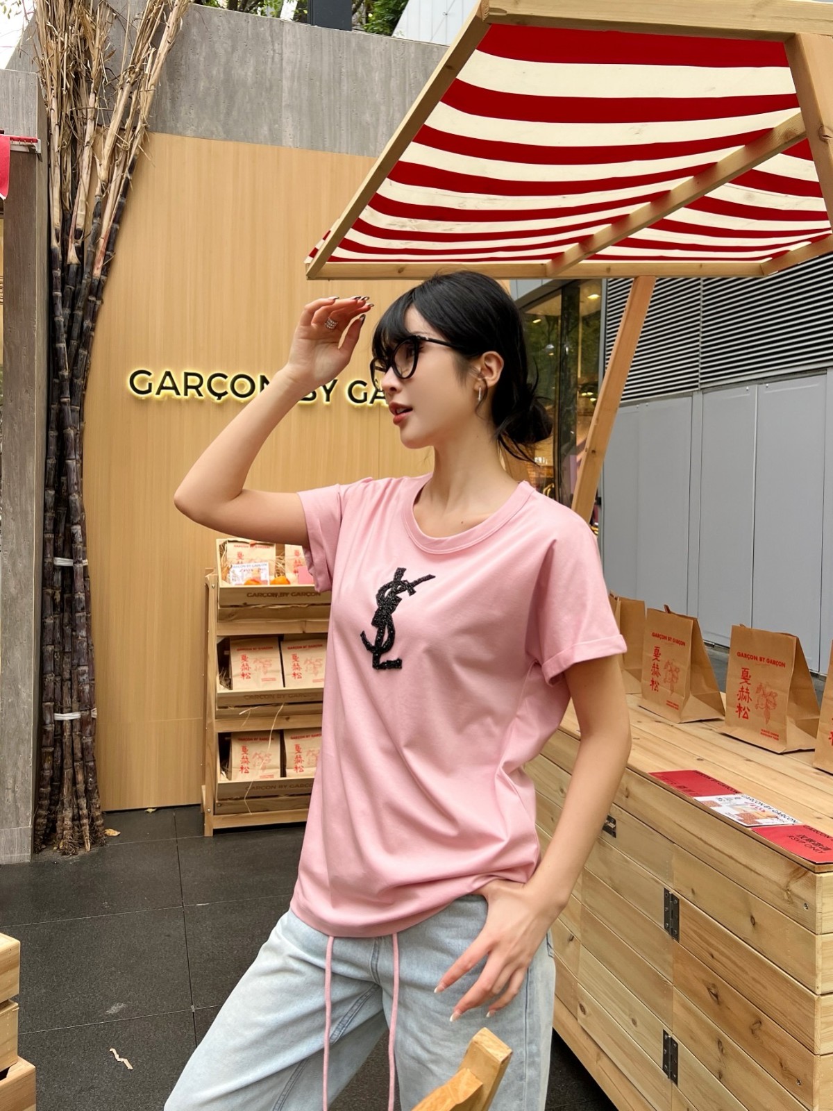 イヴ・サンローラン Tシャツ コピー 洗練された カジュアル YSLロゴ 半袖Tシャツ ピンク-3
