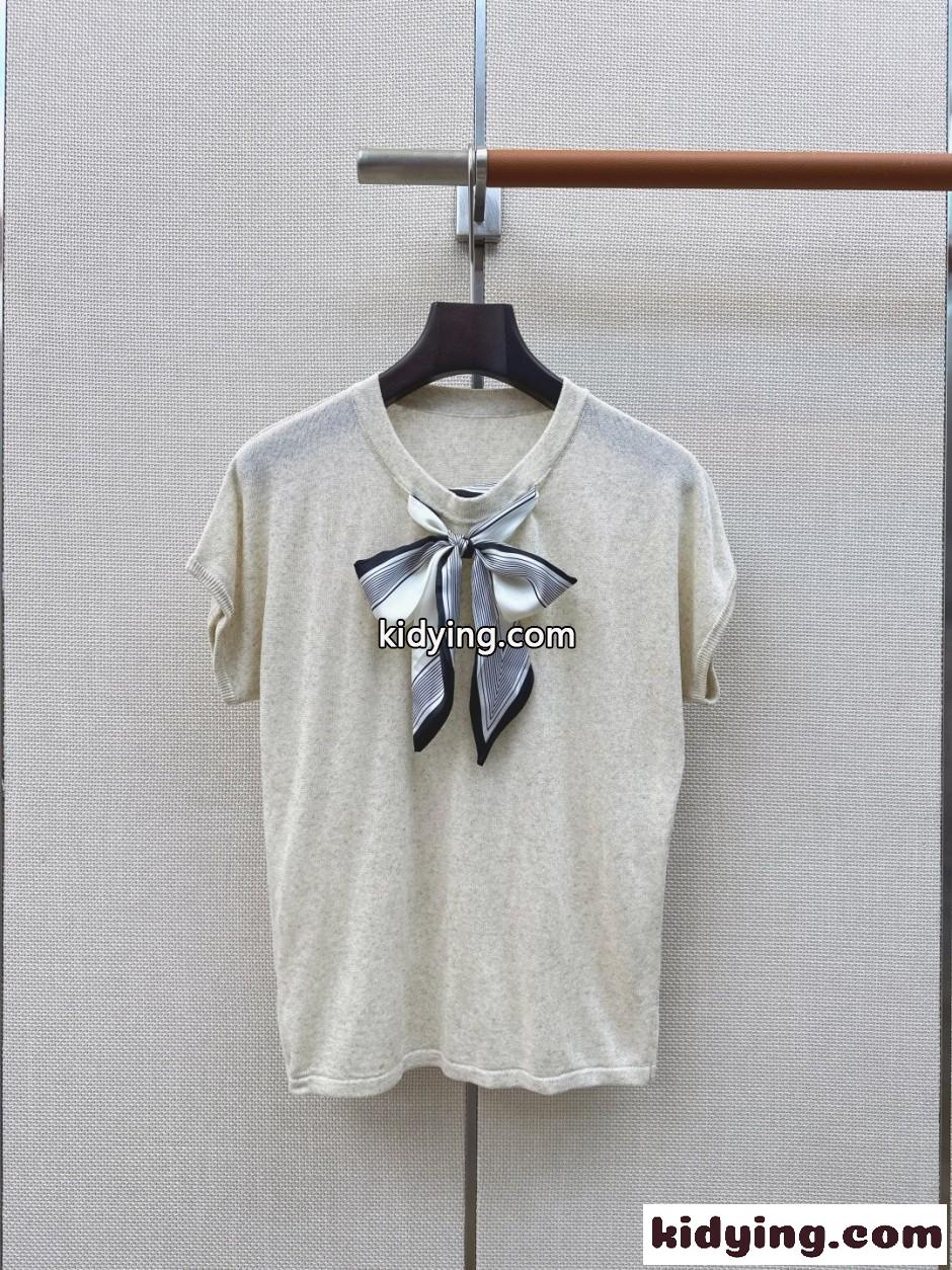 ボウタイ付き ショートスリーブニット クリスチャン・ディオール Tシャツ 偽物 アイボリー-1