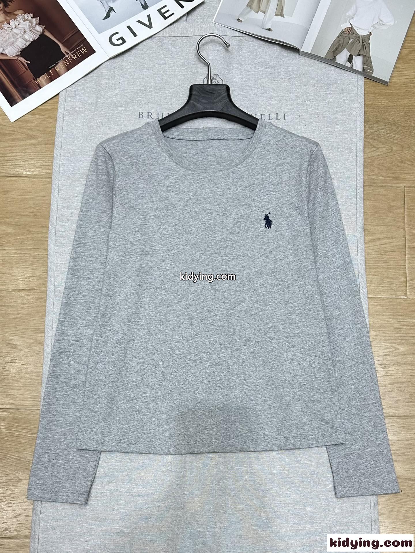 シンプル ロゴ刺繍 コットン 長袖Tシャツ ラルフローレン Tシャツ コピー グレー-2