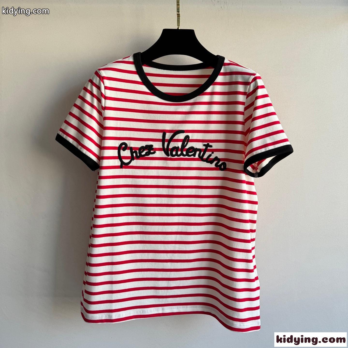 ボーダー柄 コットン 半袖Tシャツ ヴァレンティノ Tシャツ コピー レッド-0