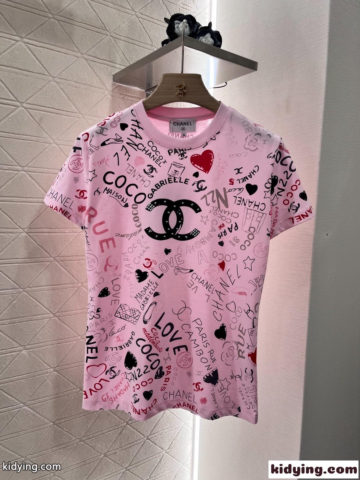 おしゃれ プリント クルーネック シャネル Tシャツ コピー コットン 半袖Tシャツ ピンク-2