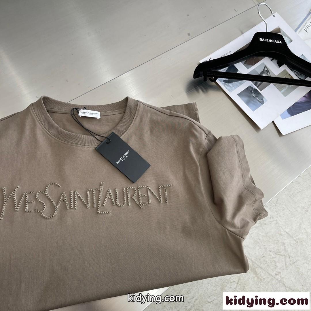ベーシック 着回し ロゴ 刺繍 イヴ・サンローラン Tシャツ コピー クルーネック コットン ブラウン-3