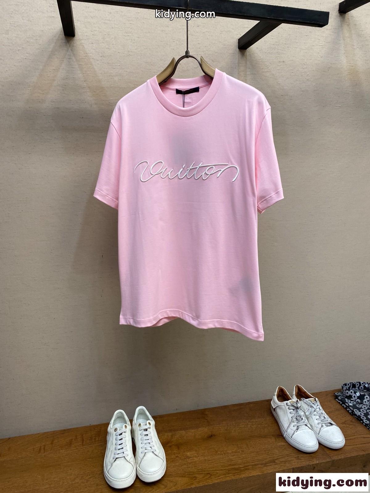 シンプル 刺繍入り コットン 半袖Tシャツ ルイ・ヴィトン Tシャツ コピー ピンク-1
