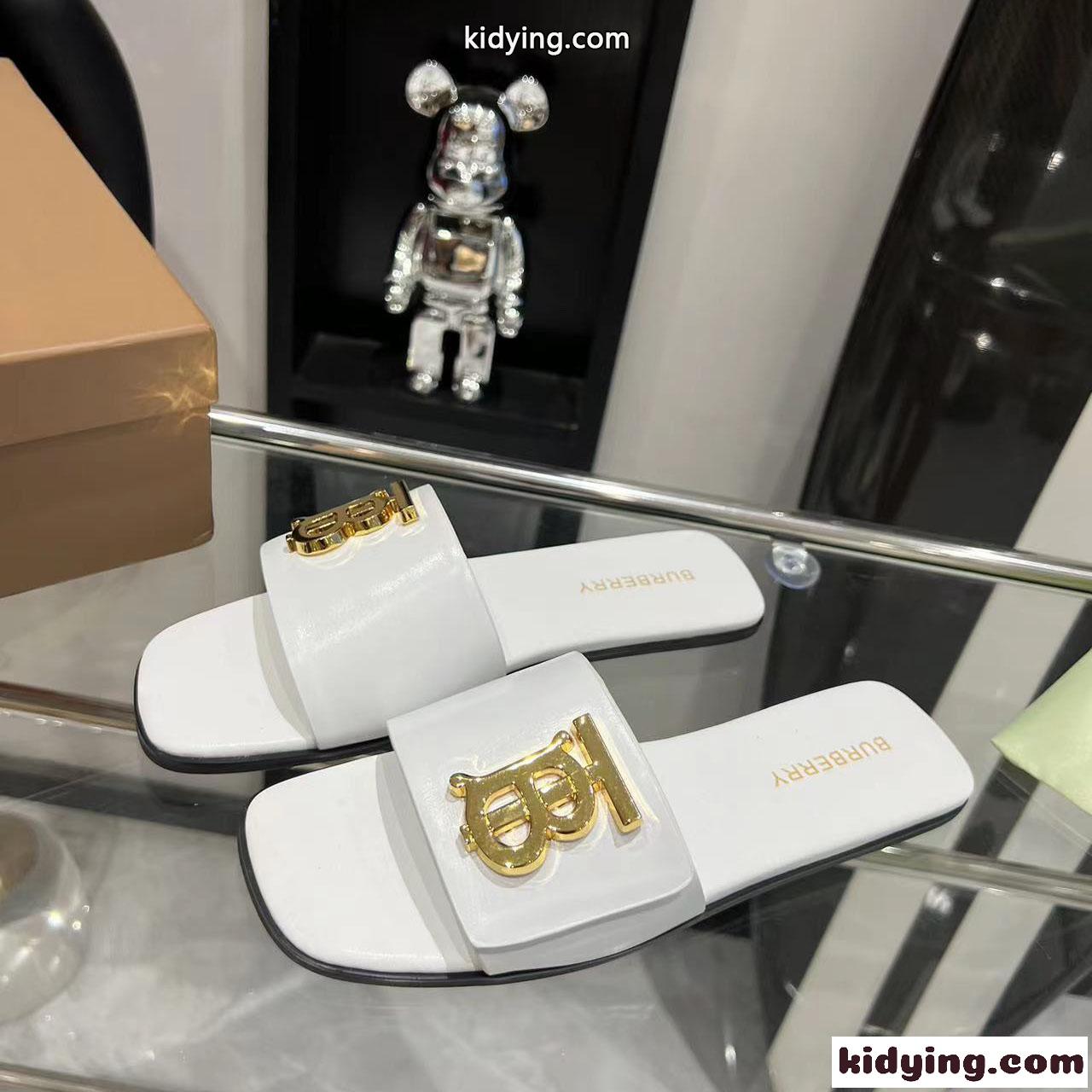 モノグラムモチーフ レザースライド バーバリー サンダル コピー フラットシューズ-0