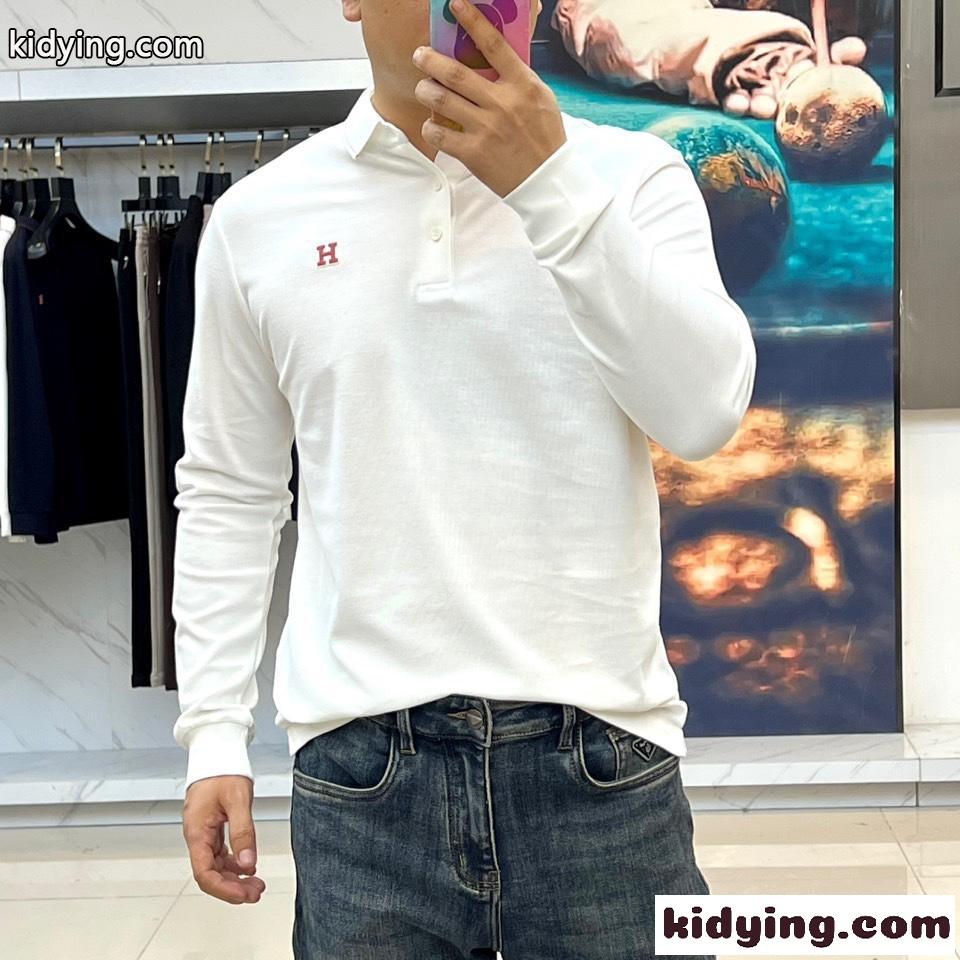 洗練された コットン 長袖 ポロシャツ エルメス Tシャツ 偽物 ホワイト-1