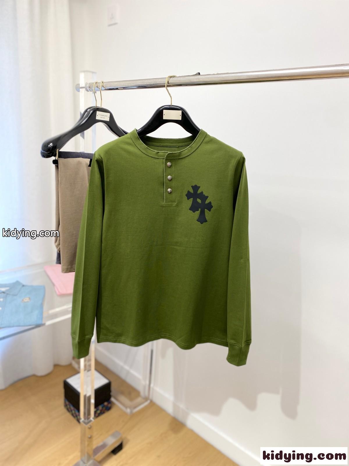 クロムハーツ Tシャツ 偽物 カジュアル クロスパッチ 長袖Tシャツ グリーン-0