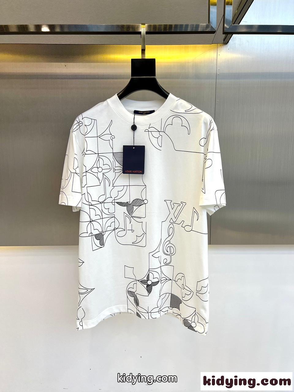 合わせやすい プリント クルーネック Tシャツ ルイ・ヴィトン 半袖Tシャツ コピー ホワイト-1