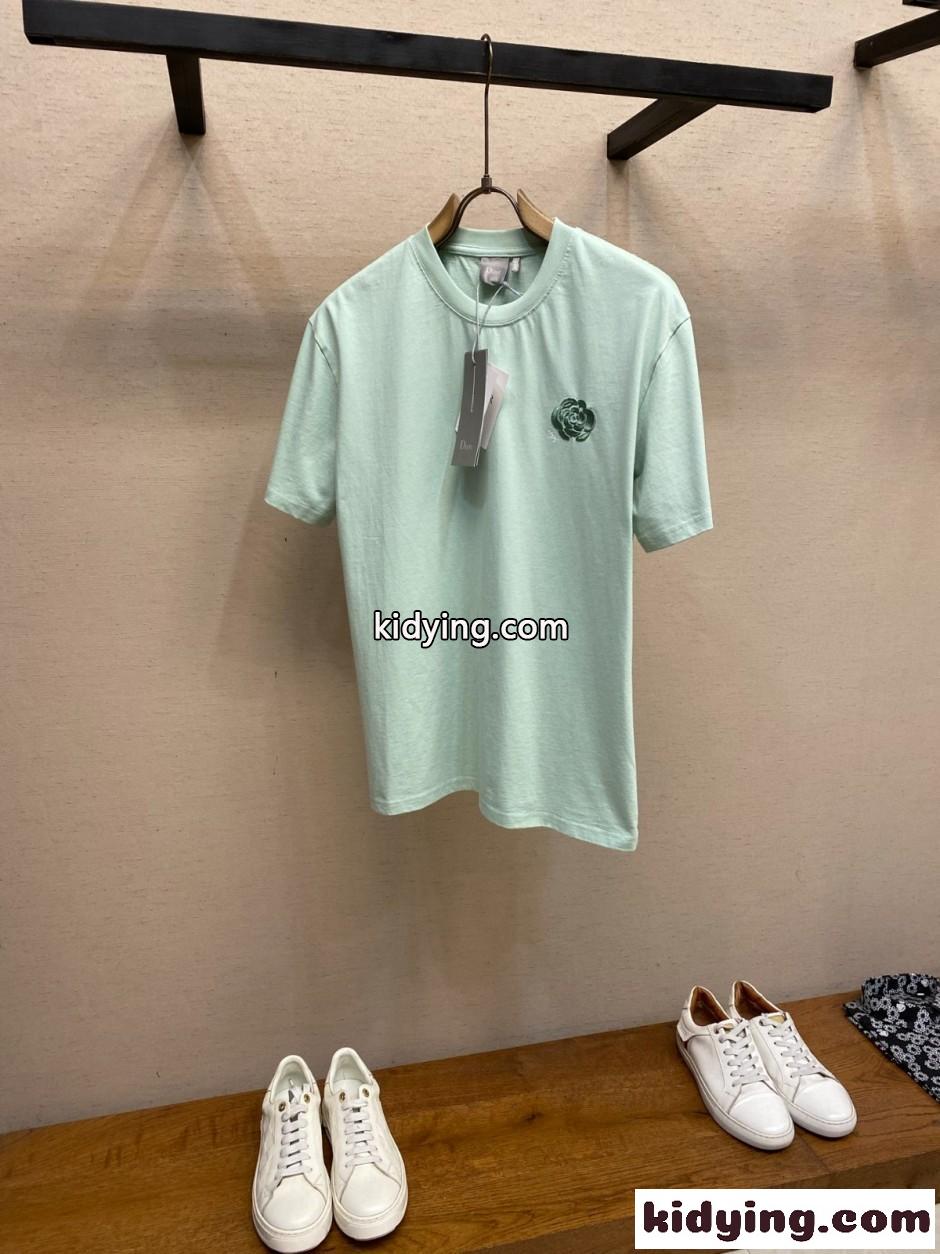 シンプル フラワー刺繡 半袖Tシャツ クリスチャン・ディオール Tシャツ 偽物 グリーン-0