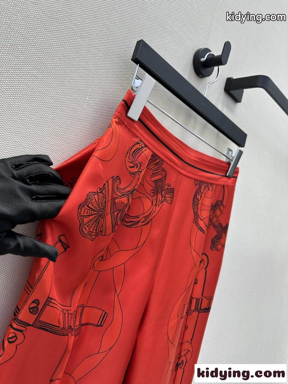 プリント シルク ワイドパンツ エルメス パンツ スーパーコピー レッド-2