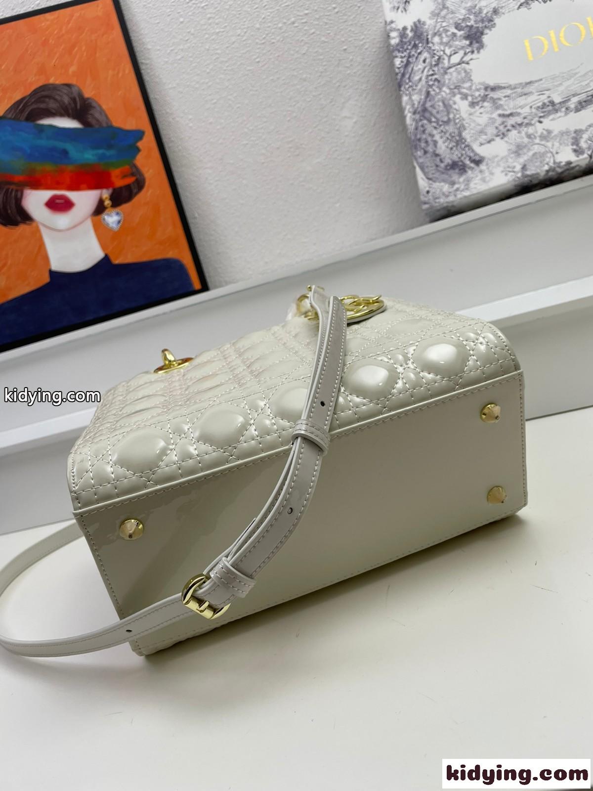 LADY DIOR パテントレザー ミディアムバッグ クリスチャン・ディオール バッグ コピー ハンドバッグ ホワイト-3