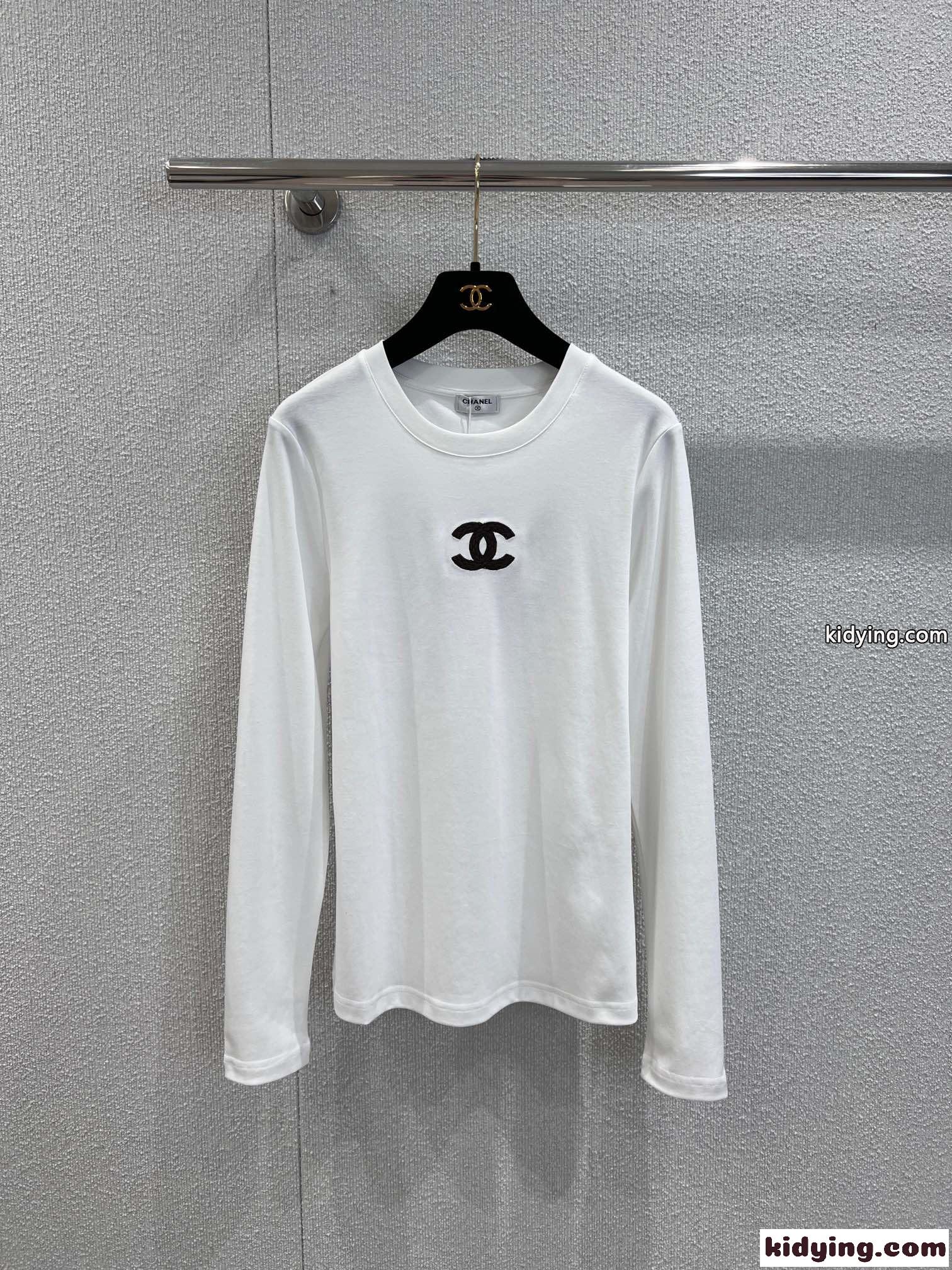 シンプル クルーネック コットン 長袖Tシャツ シャネル Tシャツ コピー ホワイト-1