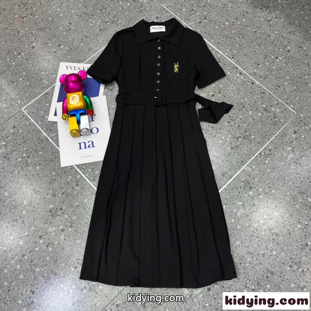 春夏 オシャレ 半袖 プリーツ ポロネック ベルト付き イヴ・サンローラン ワンピース コピー 着痩せ Aライン ドレス-1