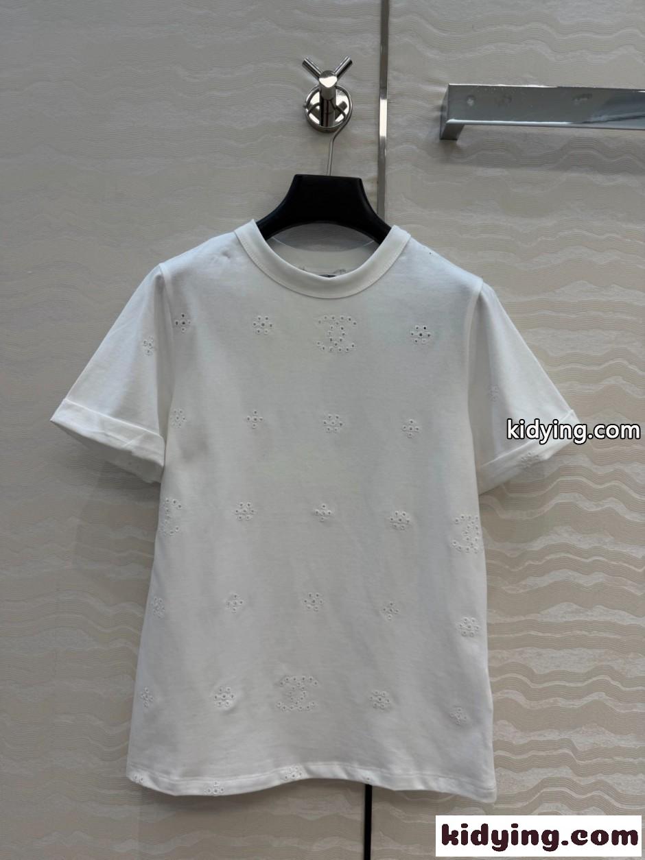 シンプル アイレット刺繍 コットンTシャツ シャネル Tシャツ コピー ホワイト-1