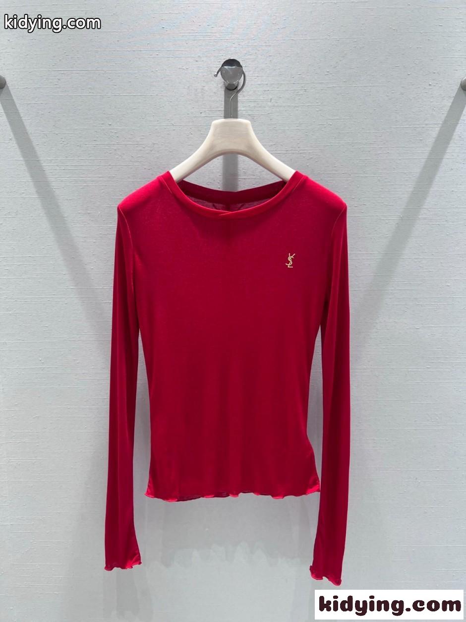 シンプル YSL 長袖Tシャツ イヴ・サンローラン Tシャツ コピー レッド-1