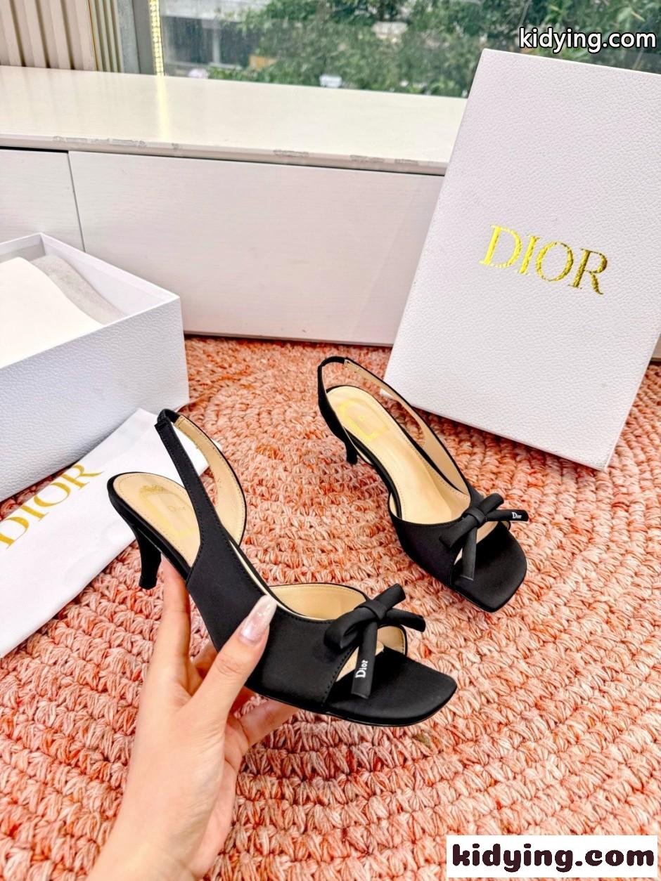 エレガント サテン Dior Bow ヒール スリングバックサンダル クリスチャン・ディオール コピー ブラック-1