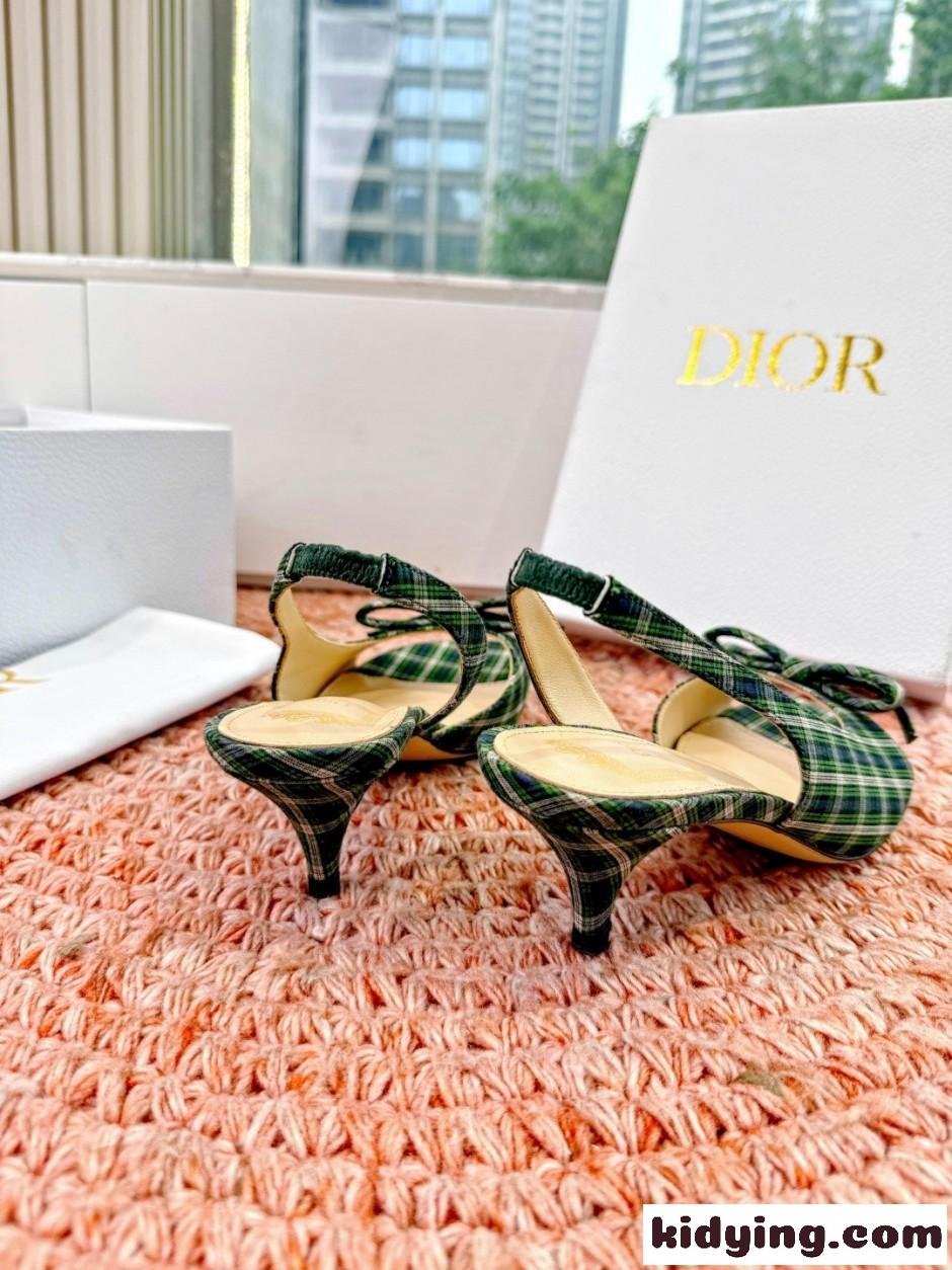クリスチャン・ディオール コピー チェック柄 Dior Bow ヒール スリングバックサンダル-4