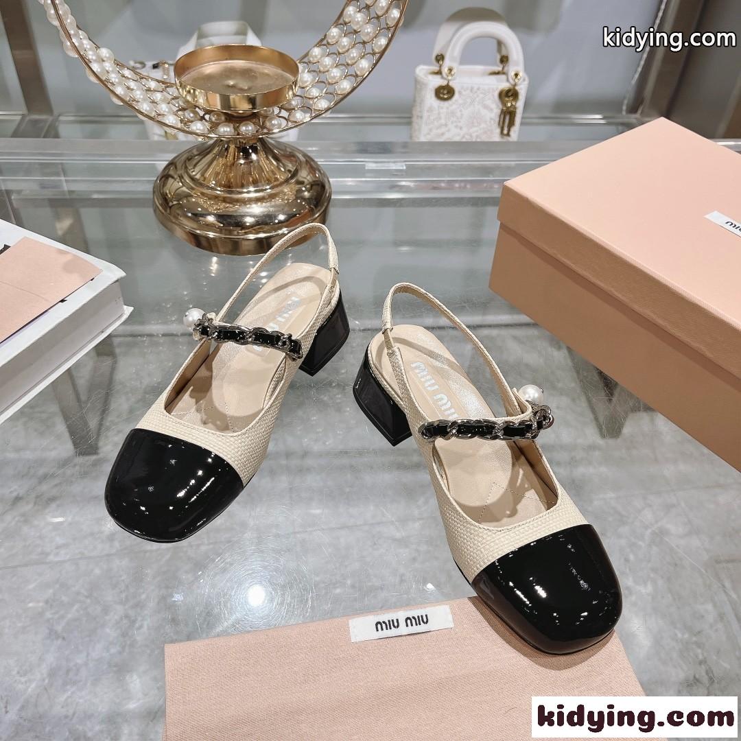 パテントレザーxラフィア スリングバック パンプス ミュウミュウ パンプス スーパーコピー-2