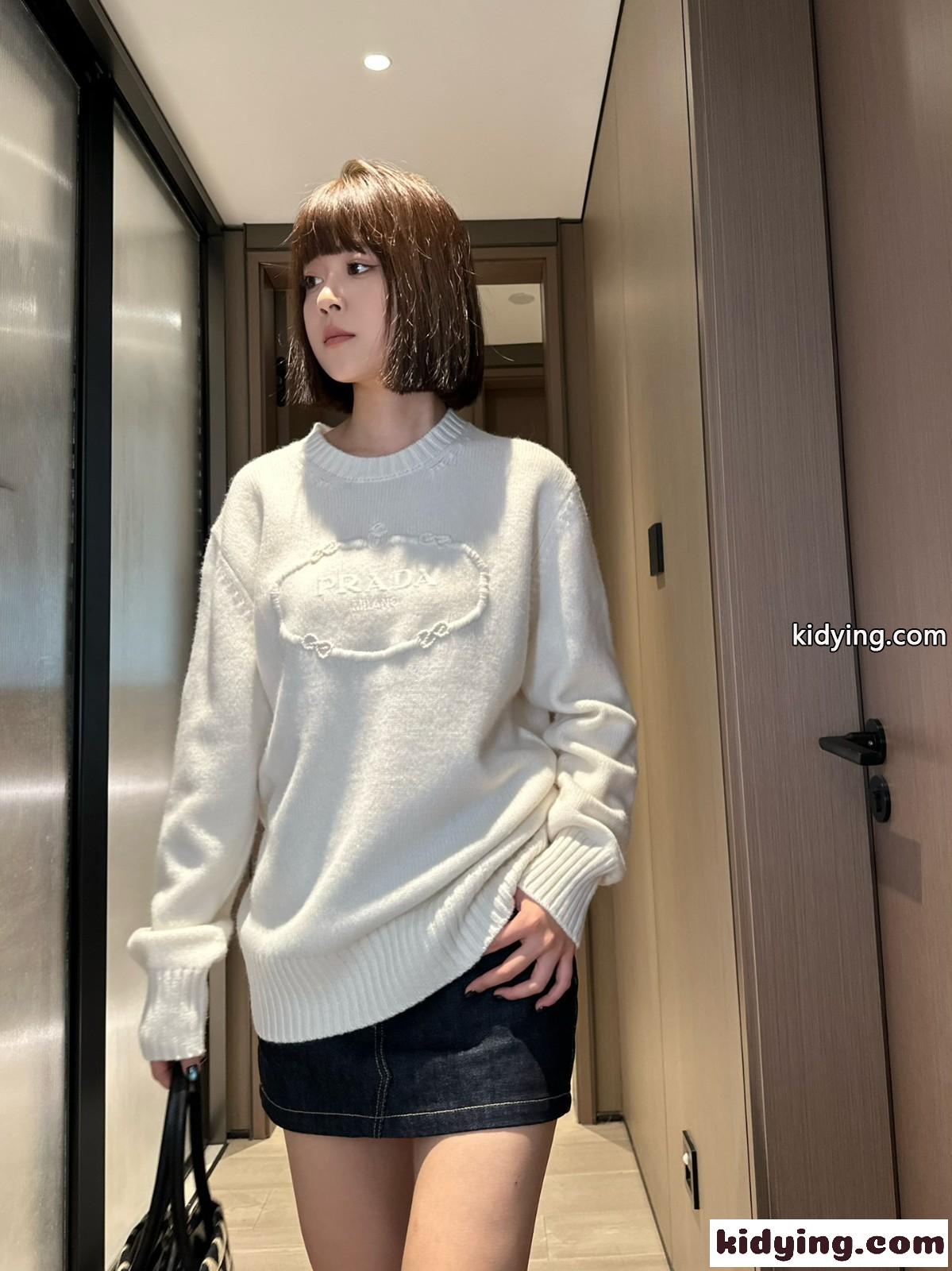 ウール クルーネック セーター プラダ セーター コピー ユニセックス ホワイト-4