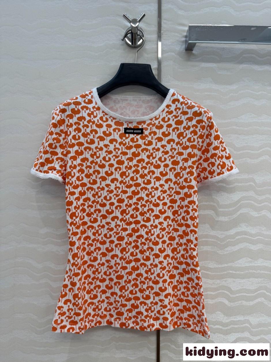 可愛い ミュウミュウ Tシャツ コピー 総柄プリント コットン 半袖Tシャツ-0