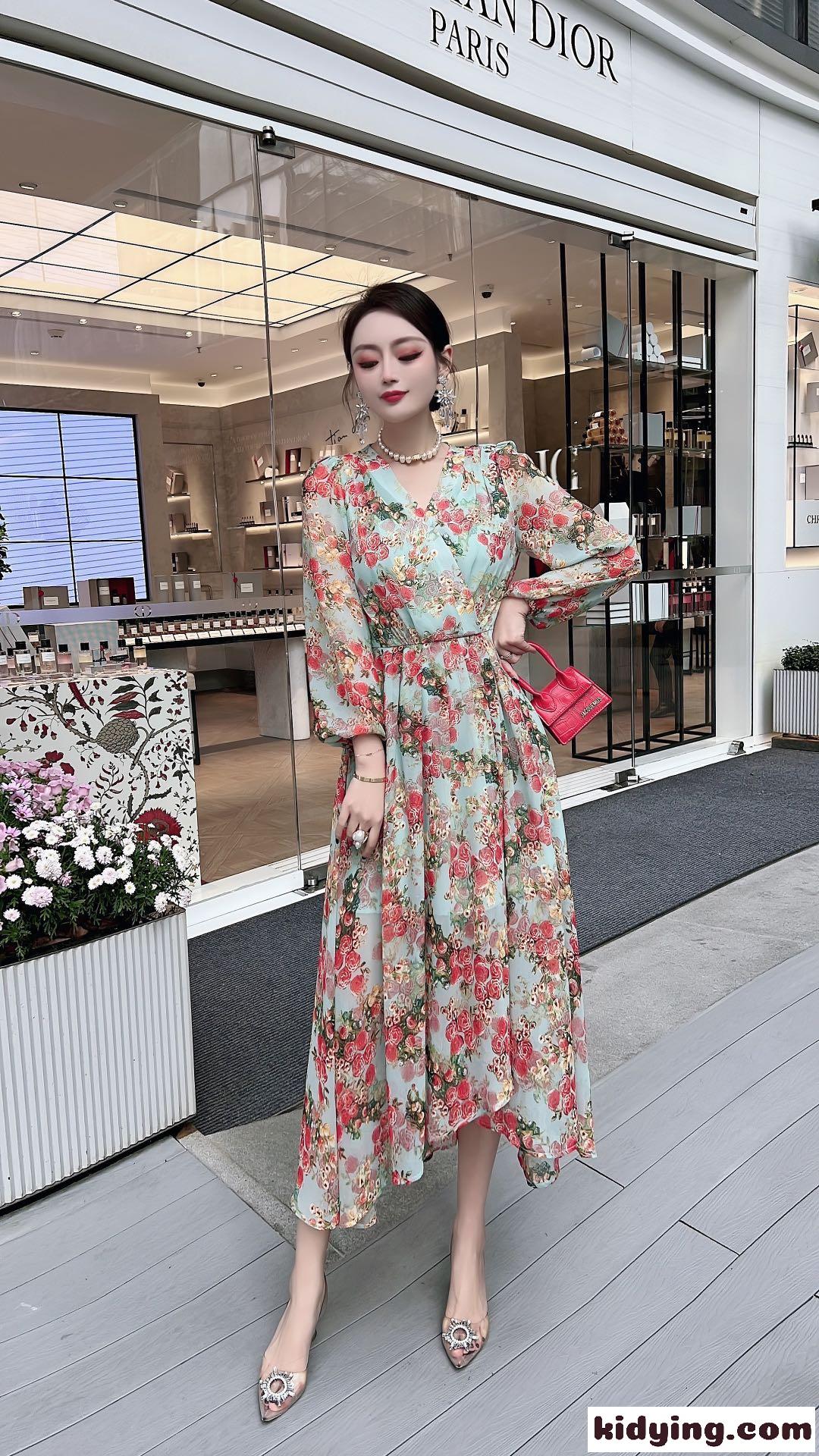 レディース おしゃれ Vネック シフォン ヴァレンティノ ワンピース コピー ハイウエスト 花柄ワンピース ロングワンピース-2