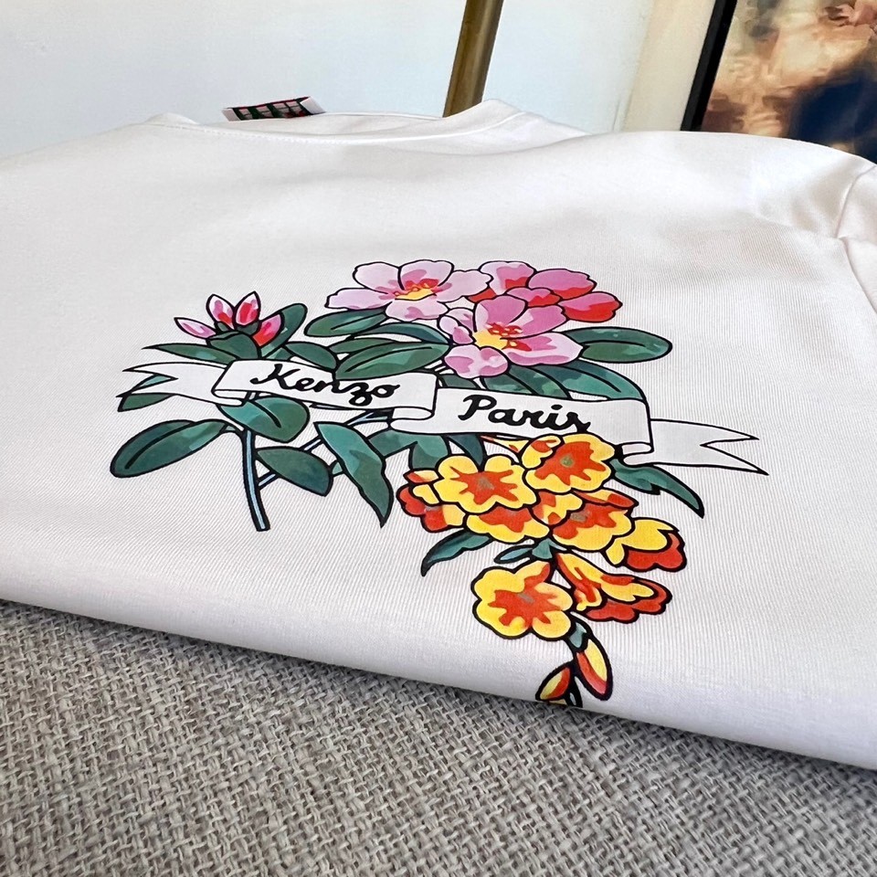 ALOHA FLOWER TATTOO プリント クルーネック ケンゾー Tシャツ コピー ホワイト-3
