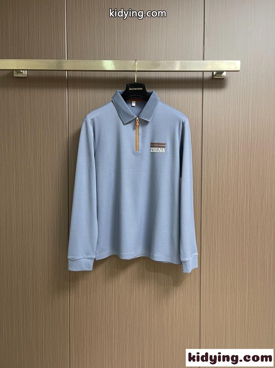 大人 洗練された エルメネジルド・ゼニア Tシャツ 偽物 ハーフジップ 長袖ポロシャツ ライトブルー-0
