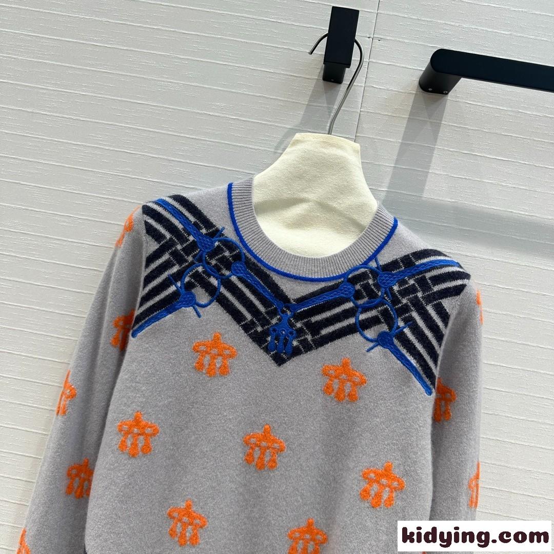 馬銜 刺繍入り ウール&カシミヤ ニット エルメス セーター コピー グレー-1