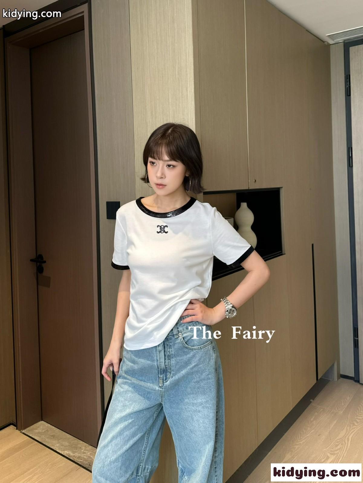 スパンコール付き コットン セリーヌ Tシャツ コピー 半袖Tシャツ-4