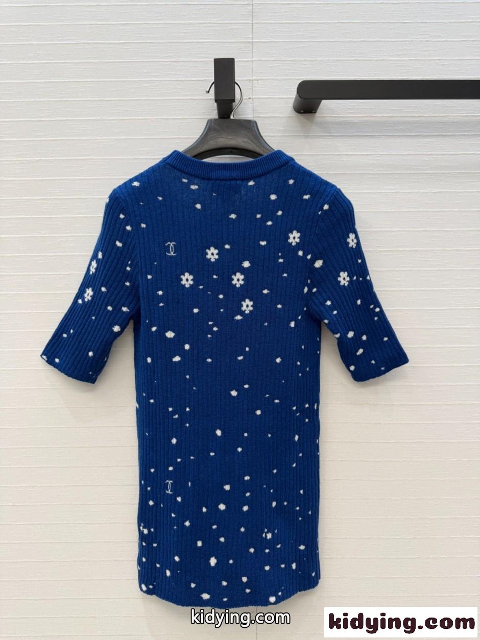 小花柄 カシミア シルク 半袖トップス シャネル ニット コピー ブルー-4